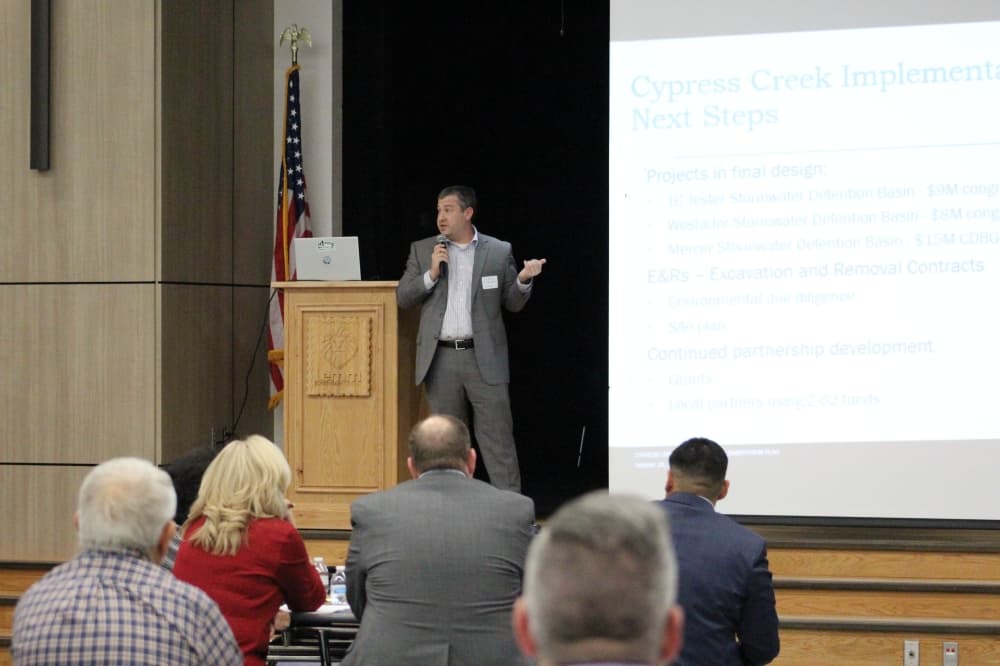 Jonathan St. Romain, the department manager for the Harris County Flood Control District's Capital Projects South, presented information on local and county efforts to prevent flooding along Cypress Creek during a meeting called on Oct. 26 by the Harris County Water Control and Improvement District No. 110. (Emily Lincke/Community Impact)