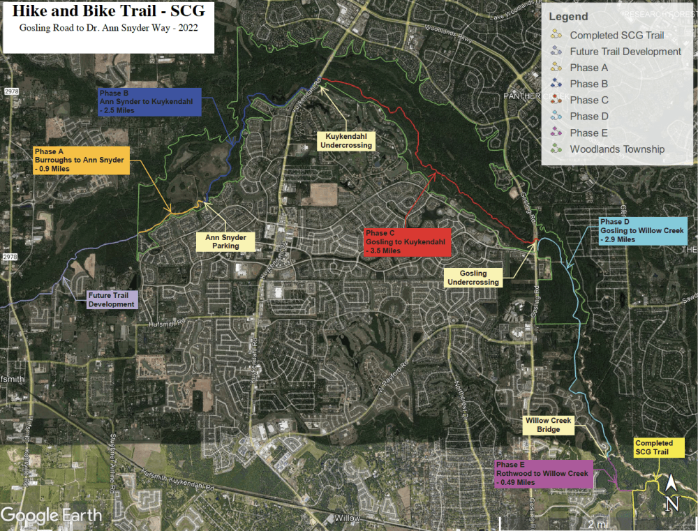 A map shared at The Woodlands Township board of directors meeting Oct. 26 shows the planned location of Spring Creek Greenway in The Woodlands. (Courtesy The Woodlands Township)