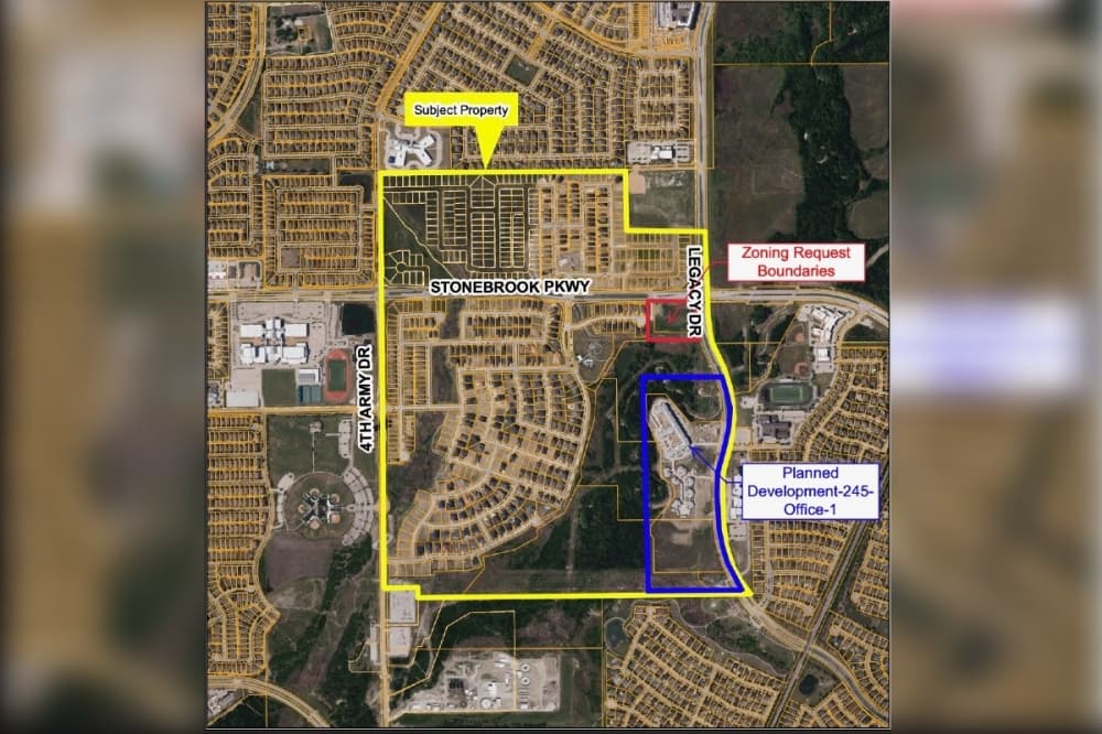 The map of the planned development in west Frisco shows the zoning request marked in red. Frisco City Council approved the zoning case Nov. 1. (Courtesy City of Frisco)