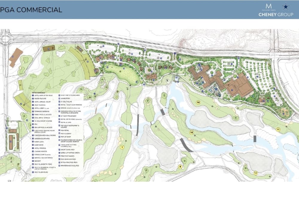 PGA Frisco's commercial plans include terraced gardens, golf villas, a Top Golf restaurant and lounge, and space for retail stores. (Courtesy Cheney Group)