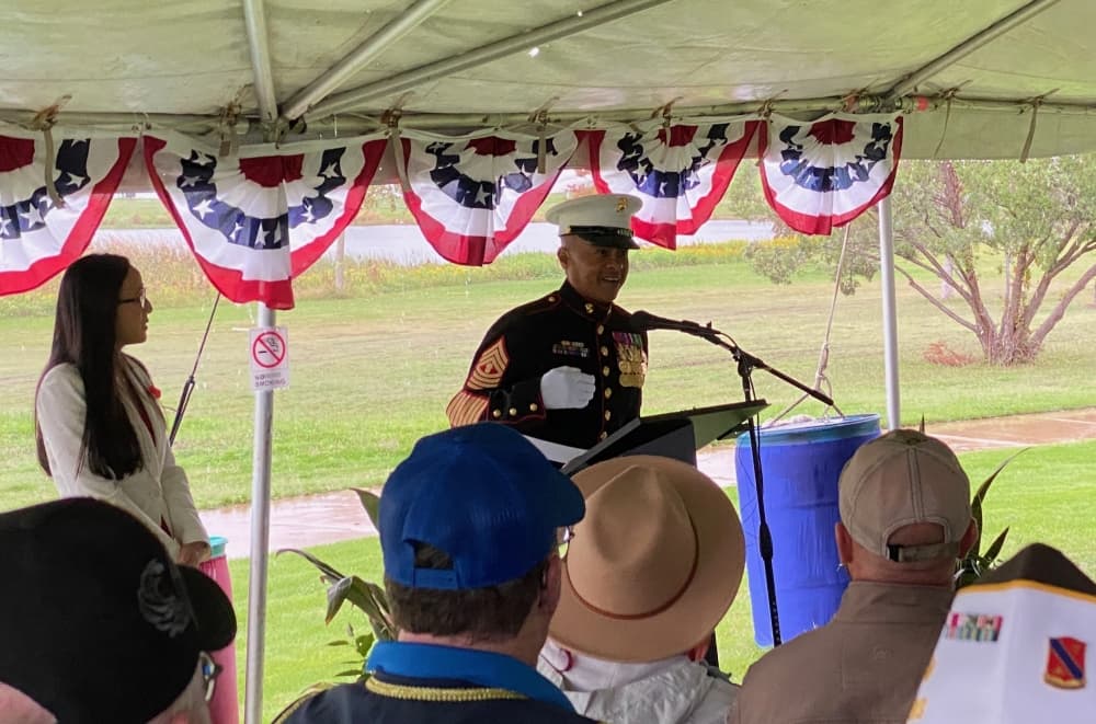 Ishmael Castillo, Stony Point High School JROTC gunnery sergeant, spoke at the event. (Brooke Sjoberg/Community Impact)