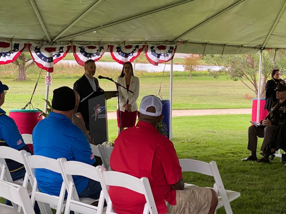 Mayor Craig Morgan and Place 1 Council Member Michelle Ly delivered remarks ahead of the ceremony. (Brooke Sjoberg/Community Impact)