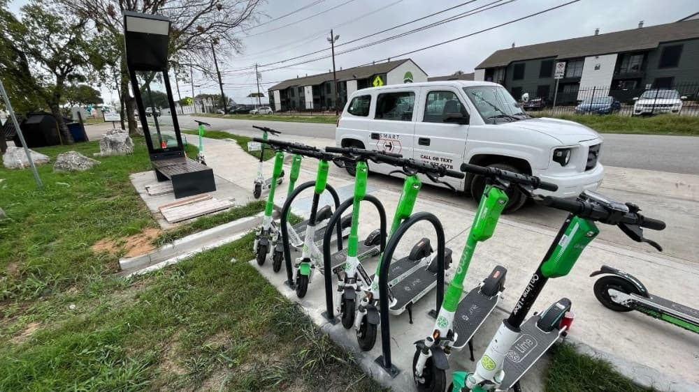 E-scooters in their parking spots
