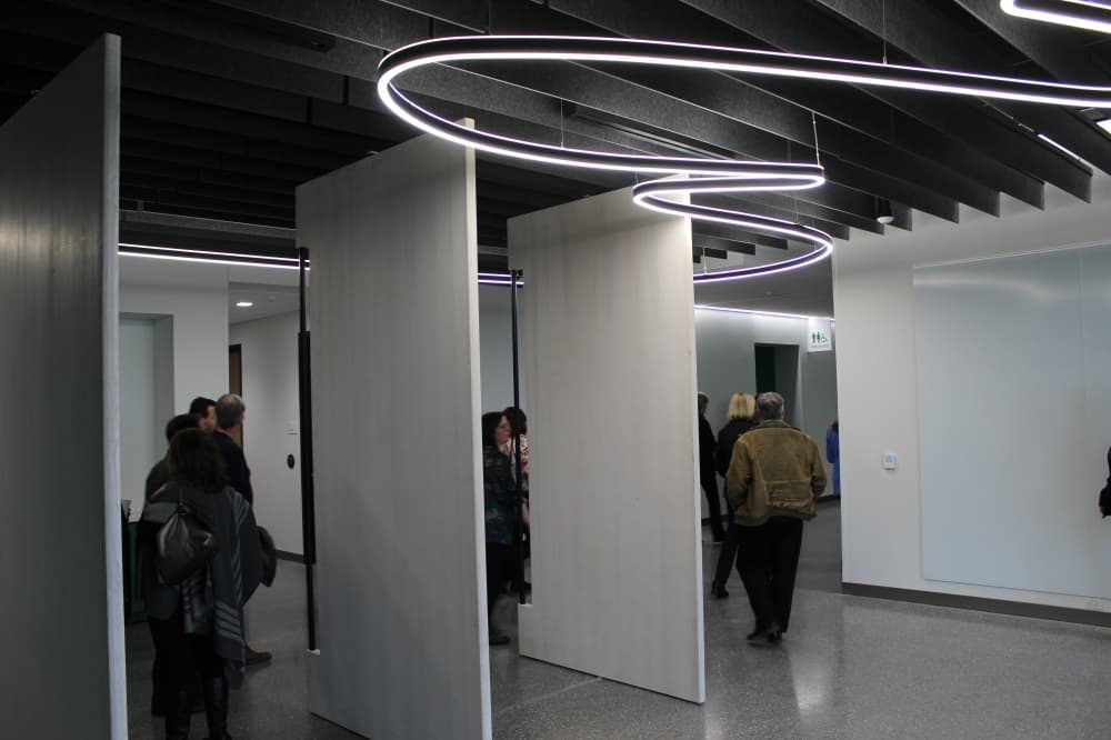 Frisco Landing will feature flexible spaces that focus on student success and collaboration. The wall panels pictured here can rotate, and students will be able to write on it like a marker board. (Colby Farr/Community Impact)