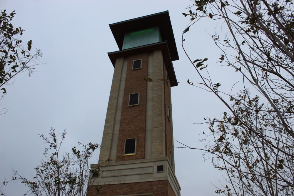 The new UNT Frisco campus includes an upcoming clock tower that can be viewed from the Frisco Landing building. (Colby Farr/Community Impact)