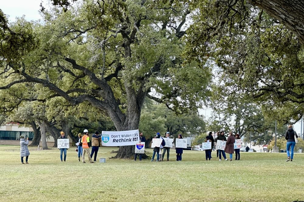 People holding placards in front of a heritage tree