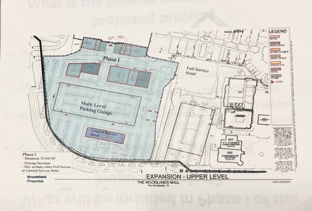 A schematic of the upper level of the proposal shows the proposed marking garage and full-service hotel. (Courtesy The Woodlands Township)