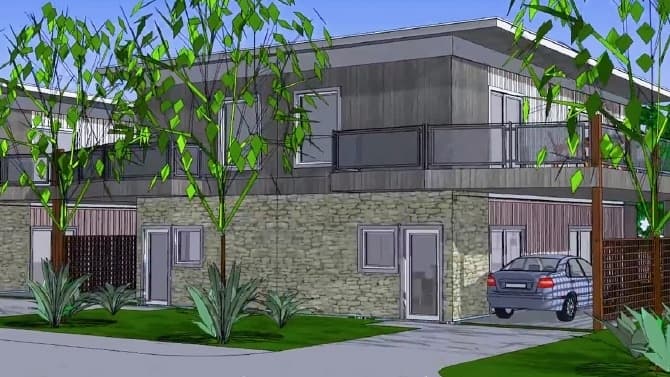 Some units in the Cotton Groves will have carports that will also serve as decks. (Rendering courtesy Habitat for Humanity of Collin County)