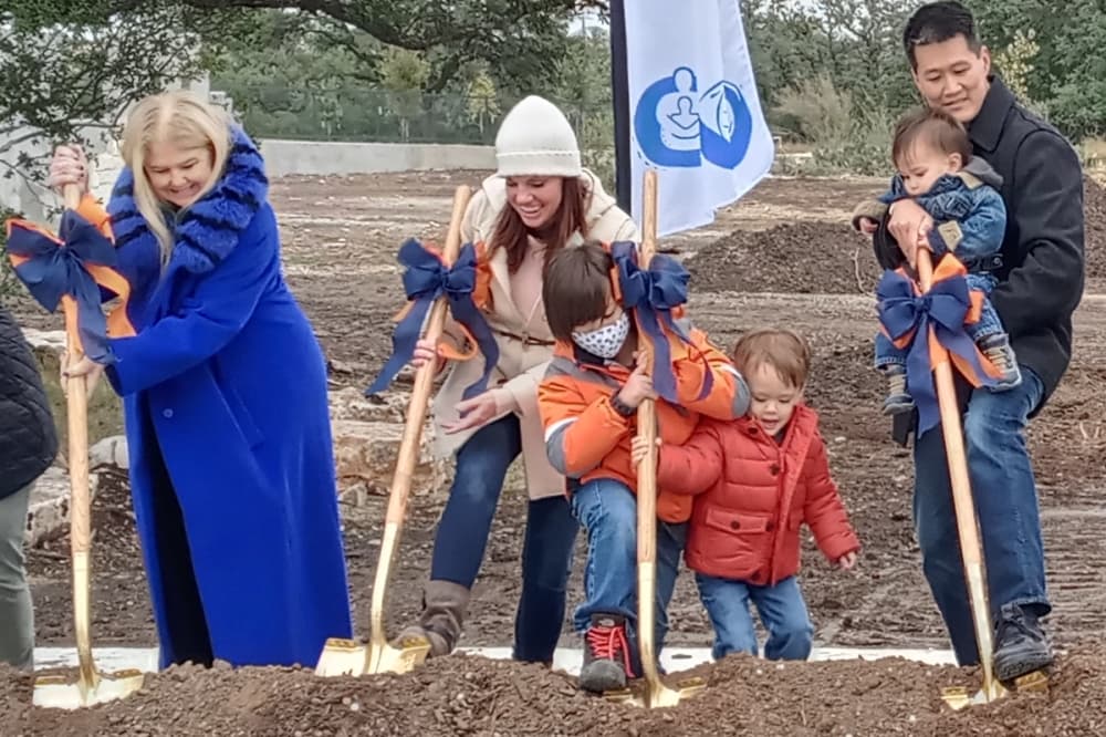 The Nov. 20 groundbreaking ceremony for Mitchell’s Landing at Classen-Steubing Ranch Park includes (left to right) Will Smith Foundation founder Susan Naylor, and April and Marvin Chang with their children Evan, Tristan and Wesley Chang. Mitchell’s Landing is designed to be San Antonio’s first free, public all-inclusive playground. The playground and Phase 1 of Classen-Steubing are slated to open in spring 2023. (Edmond Ortiz/Community Impact)