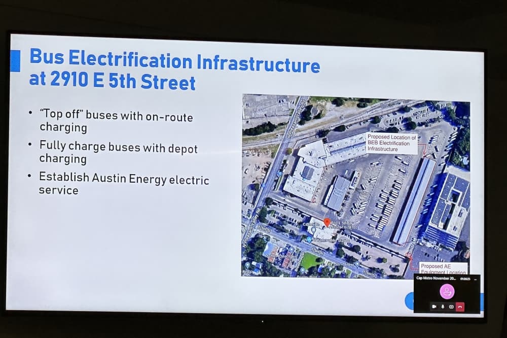 Overhead slide showing top view of a bus facility.