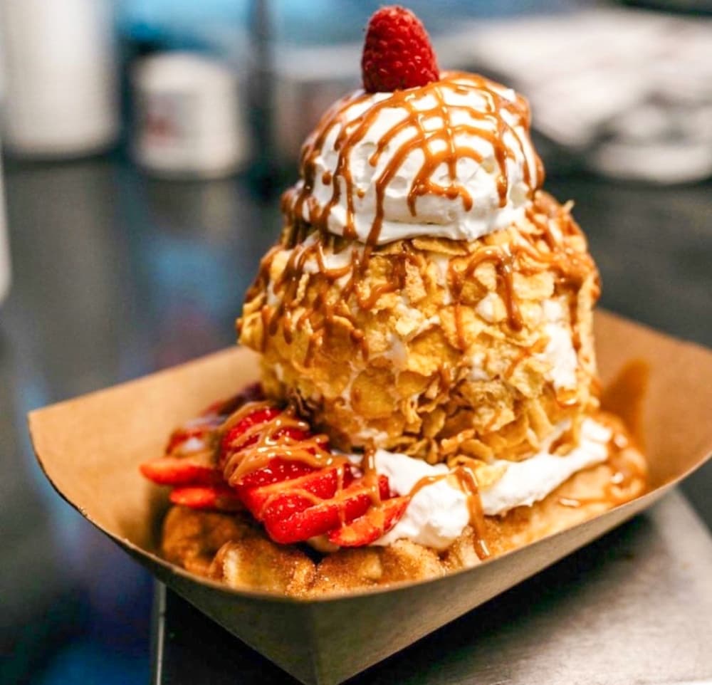 waffle with ice cream and syrup