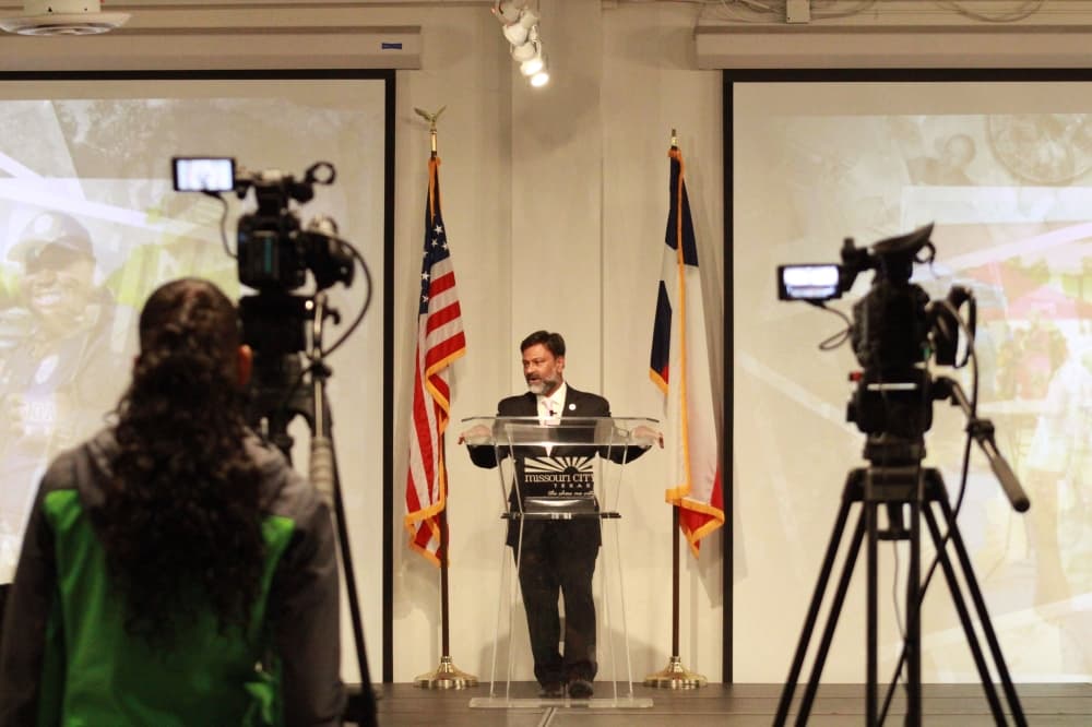 Missouri City Mayor Robin J. Elackatt speaks after being sworn in during a ceremony Nov. 21. (Jack Dowling/Community Impact)