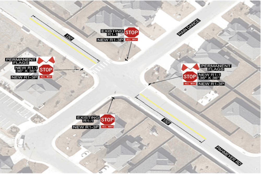 The all-way stop at the intersection of Pahmeyer Road and Rain Dance will include lane striping and crosswalks. (Courtesy the city of New Braunfels)