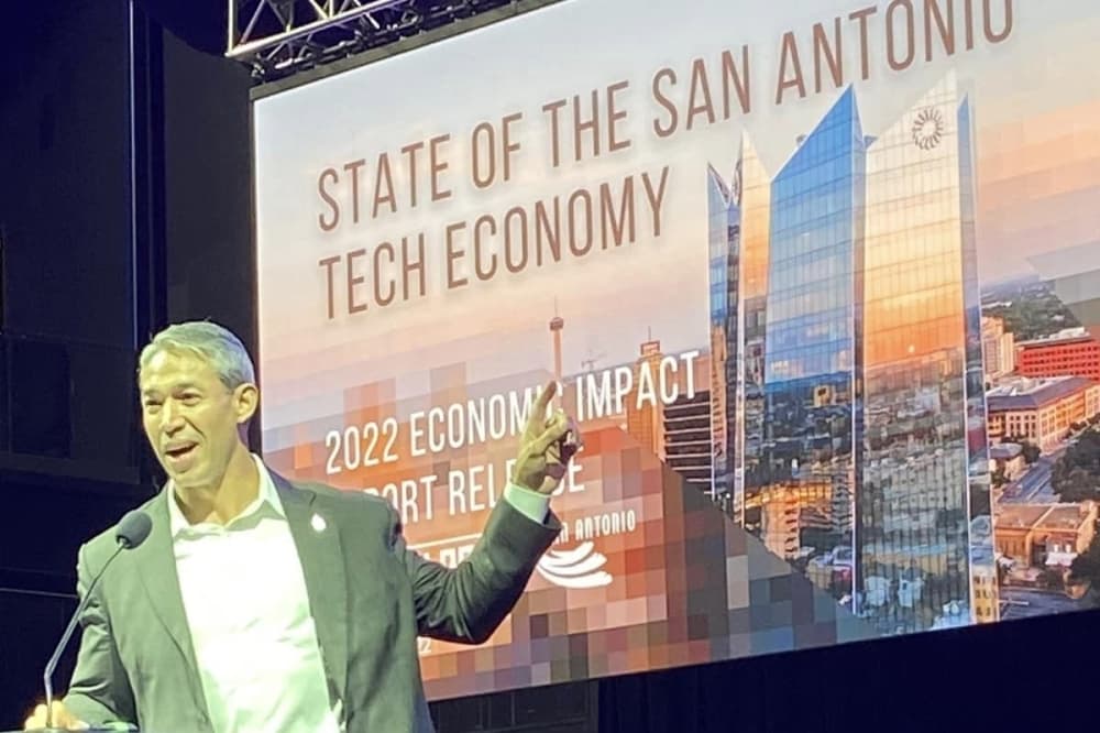 San Antonio Mayor Ron Nirenberg addresses the release of Tech Bloc’s 2022 state of San Antonio’s high-technology economy report June 29 at Tech Port Center and Arena. The report outlines continued growth in local information technology sectors. (Courtesy Tech Bloc)