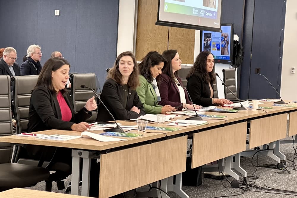 Five women sitting behind desks