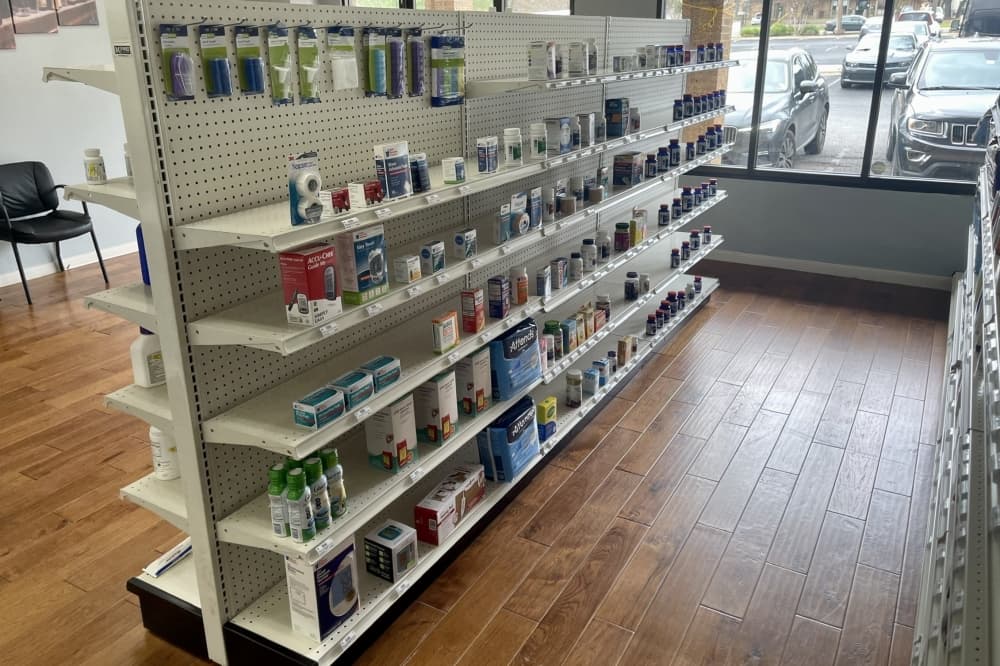 Shelves with medicines in a store