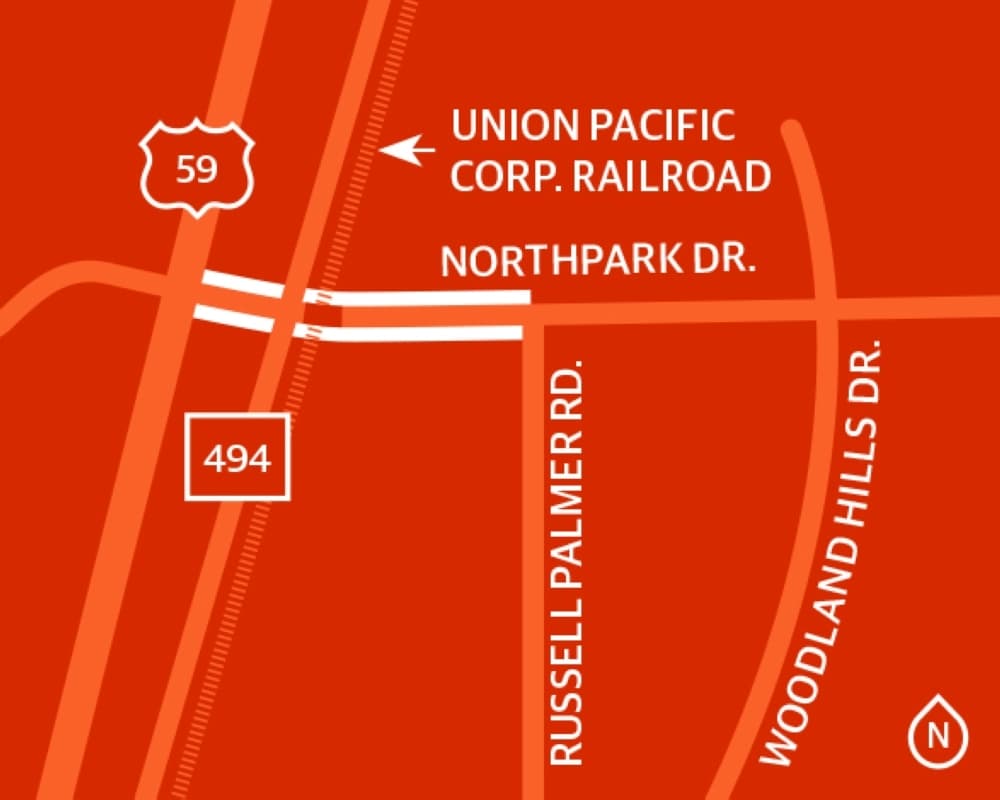 The roughly $52 Northpark Drive Overpass Project, which will expand Northpark Drive from four to six lanes between Hwy. 59 and Russell Palmer Road and add an overpass over the Union Pacific Corp. railroad and Loop 494, is scheduled to begin spring 2023, according to a Dec. 9 news release. (Community Impact staff)