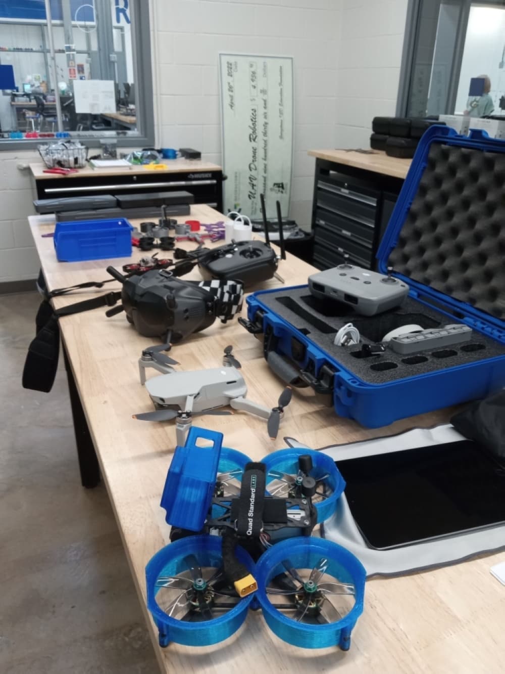 drone equipment and carrier on a table