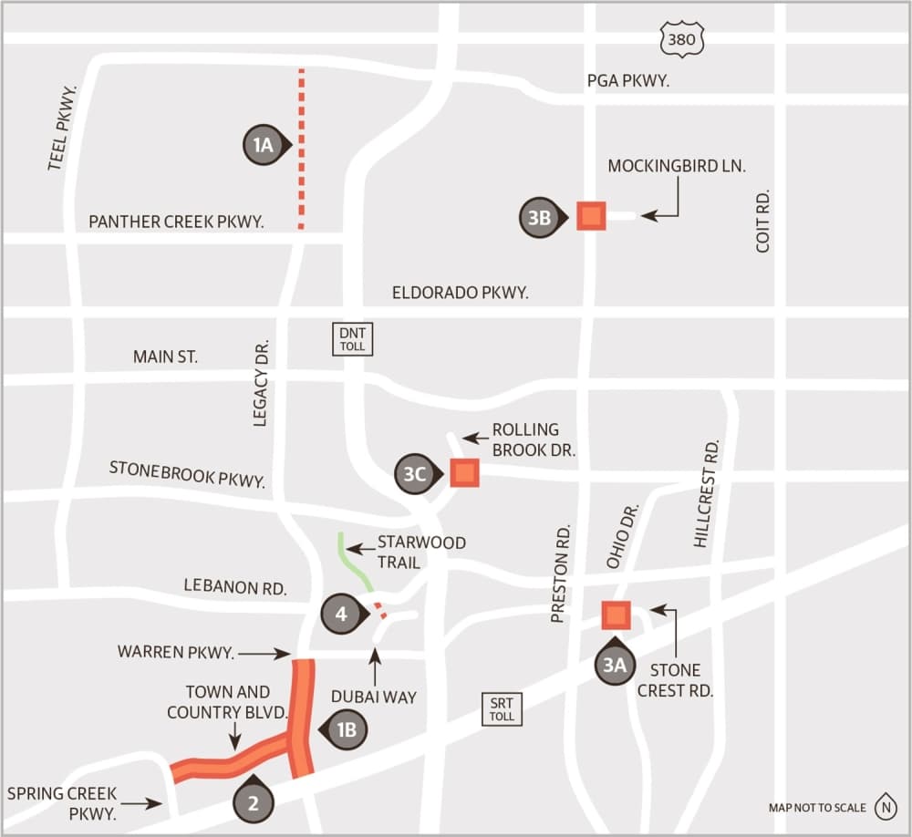 Visual depiction of all the latest transportation projects and roadwork throughout Frisco. (Michelle Degard / Community Impact)
