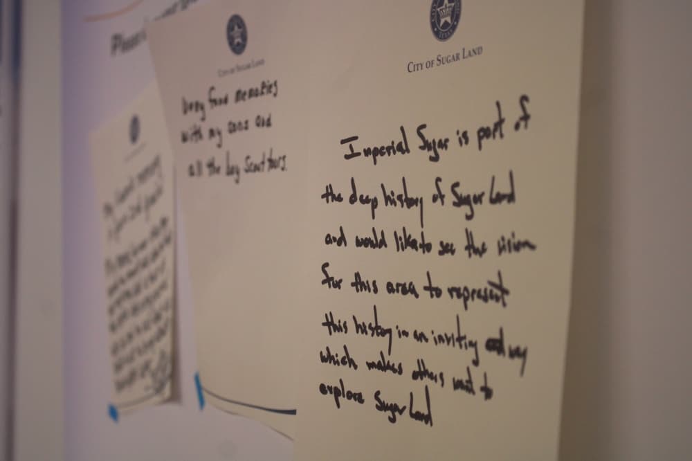 Residents wrote out their thoughts on the Imperial Sugar Char House before a town hall on Dec. 15, telling city staff and developer PUMA what the historic location means to them. (Jack Dowling/Community Impact) 