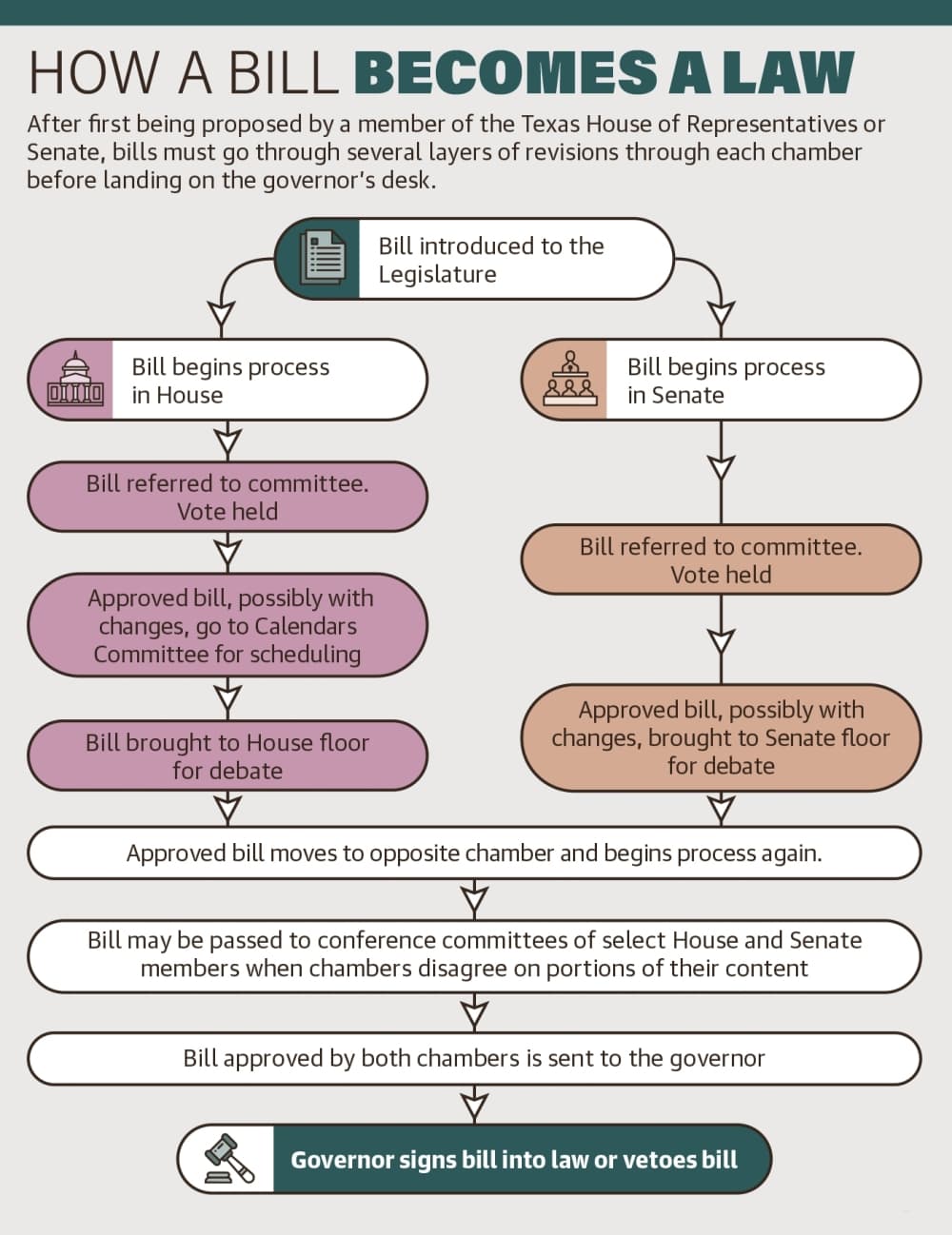 After first being proposed by a member of the Texas House of Representatives or Senate, bills must go through several layers of revisions through each chamber before landing on the governor’s desk. (Ronald Winters/Community Impact) 