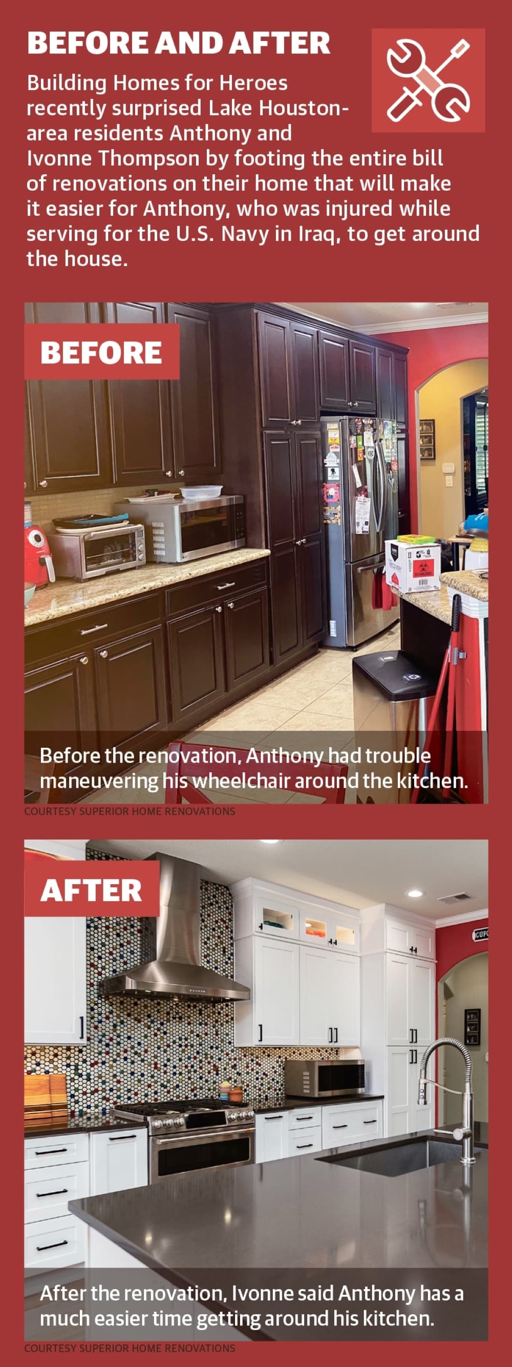 Building Homes for Heroes recently surprised Lake Houston-area residents Anthony and Ivonne Thompson by footing the entire bill of renovations on their home that will make it easier for Anthony, who was injured while serving for the U.S. Navy in Iraq, to get around the house. (Courtesy Superior Home Renovations) 