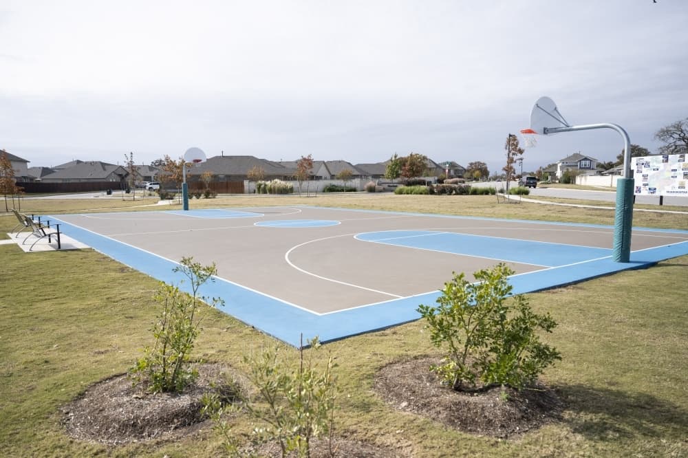 blue and grey painted basketball court with bushes around 