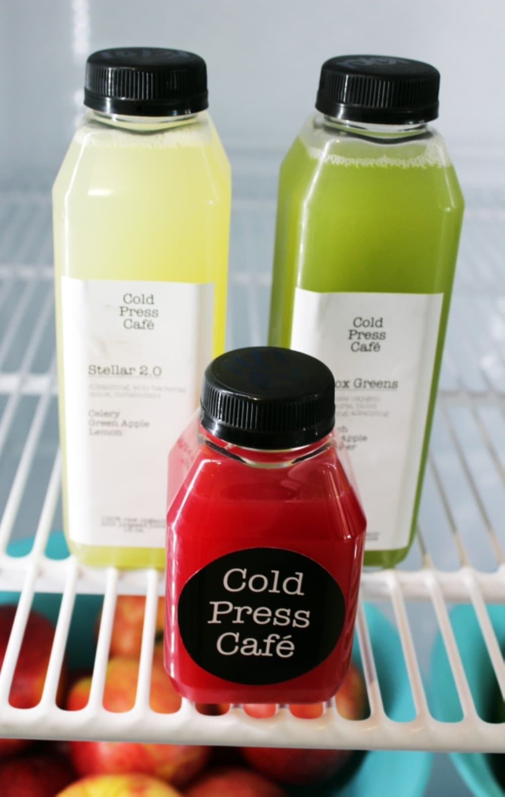 Juice: Pura Vida juice ($6/sml. 8-oz.) is a blend of red beets, carrot, grapefruit, ginger, turmeric, lemon, and red apple.  (Also pictured are Stellar and Detox Greens juices $11/med. 16-oz.) (Photo by Karen Chaney)