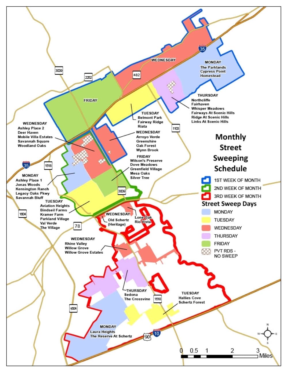 The map and monthly street sweeping schedule for 2023. (Courtesy City of Schertz)