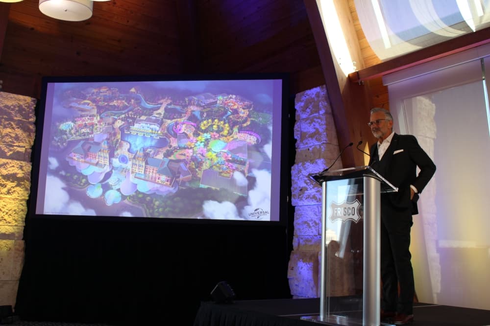 Mark Woodbury, chair and CEO of Universal Parks and Resorts, was present at a press conference on Jan. 11. (Grant Johnson/Community Impact)