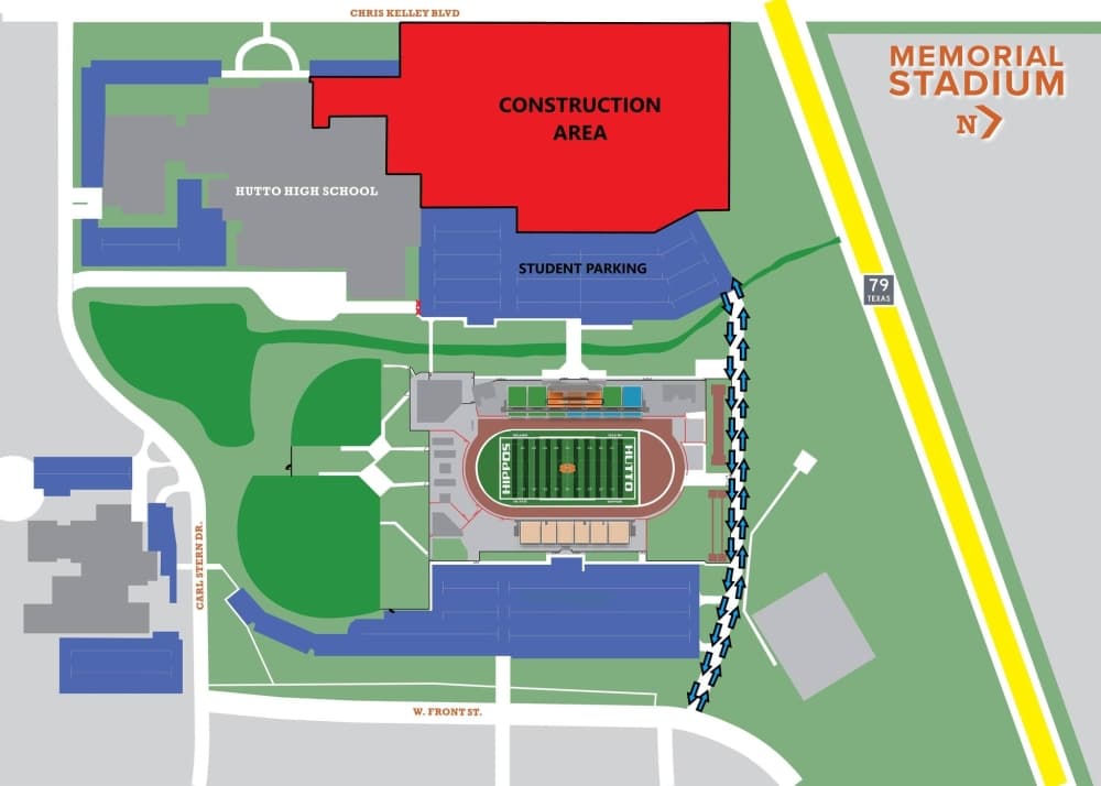 A map shows student entry and exit spots. (Courtesy Hutto ISD)