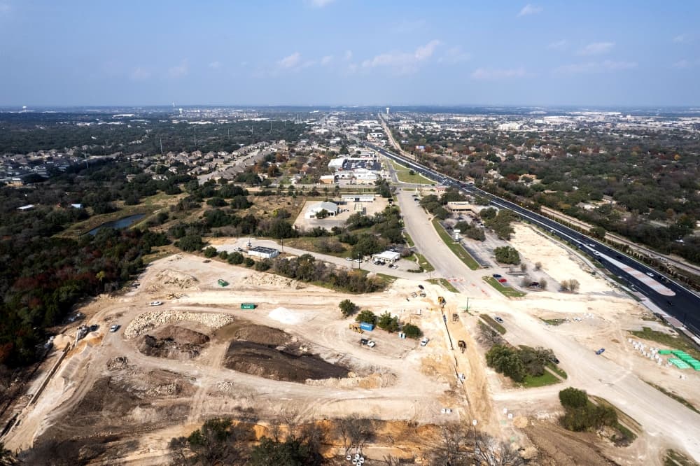 drone shot of the bell district under development in cedar park texas