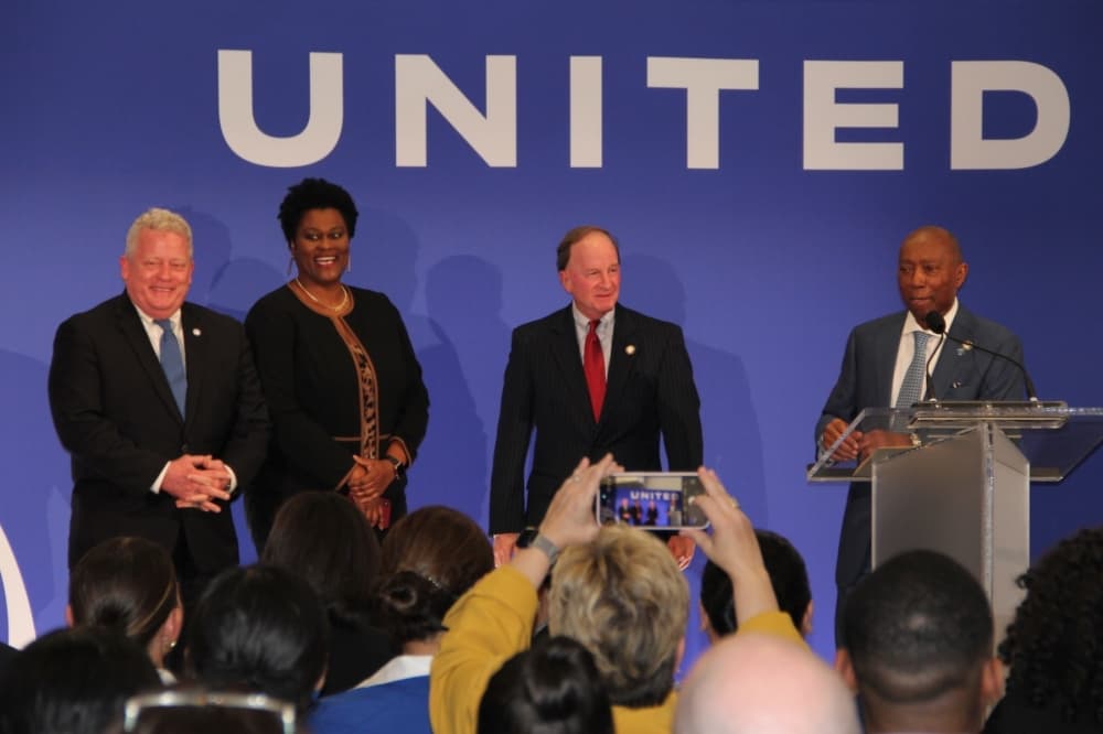 From left: David Robinson, Houston at-large City Council member; District B Council Member Tarsha Jackson; Mayor Pro Tem Dave Martin; and Mayor Sylvester Turner were on hand during United Airlines’ Jan. 17 ribbon-cutting for its expanded Global Inflight Training Center. (Wesley Gardner/Community Impact)