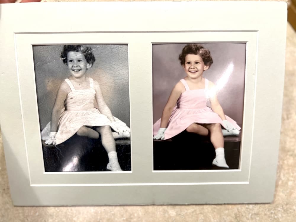 before and after of an old photo of a small child