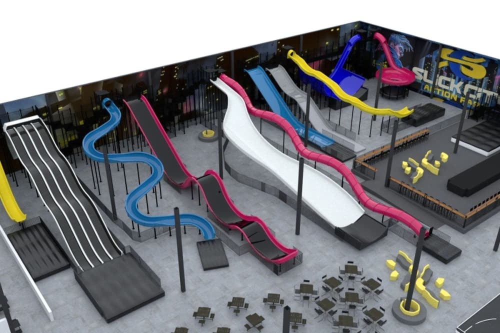The theme park with feature waterless indoor slides and air courts for all ages. (Rendering Courtesy Slick City)