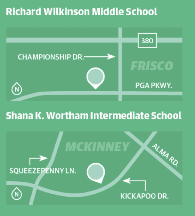 Wilkinson Middle School opens fall 2023 and will serve students in the Frisco Hills, Estates of Rockhill, Villas at Doe Creek, Travis, Hollyhock and Somerset Park neighborhoods. Wortham Intermediate School is the district’s first intermediate school and will serve students in fifth and sixth grades. (Source: Frisco ISD/Community Impact).