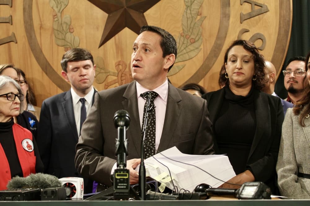 State Rep. Trey Martinez Fischer, D-San Antonio, discusses the House appropriations bill at a Jan. 24 news conference.