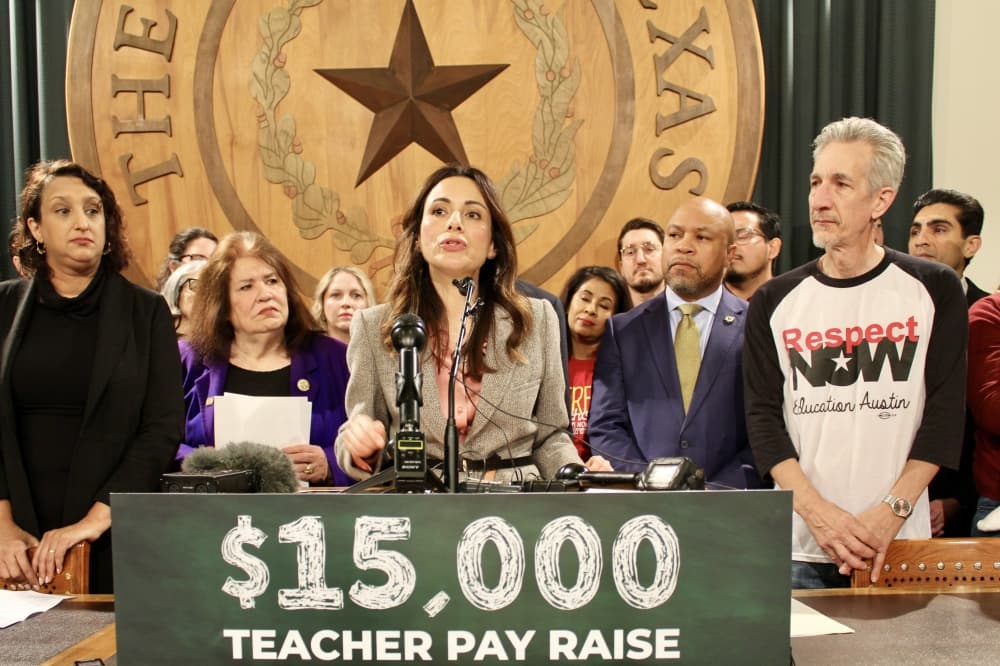 State Rep. Gina Hinojosa, D-Austin discusses teacher pay raises at a Jan. 24 news conference.