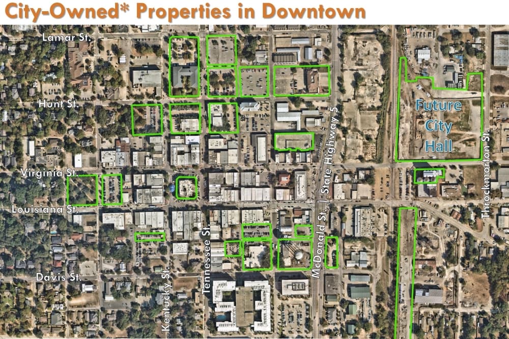 Map of downtown McKinney with city-owner properties highlighted.