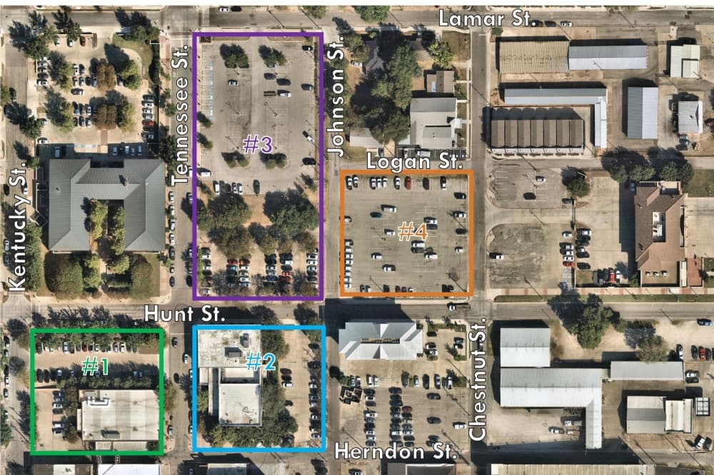 The properties targeted for potential redevelopment include the City Hall, the development services building and two parking lots, according to the presentation. (Courtesy city of McKinney)