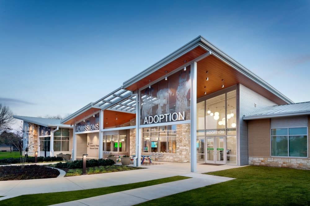 The photo shows the Harris County Pets Resource Center building