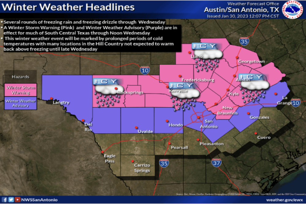 New Braunfels is under a winter storm warning, with the area anticipated to experience prolonged periods of cold until the evening of Feb. 1. (Courtesy National Weather Service)