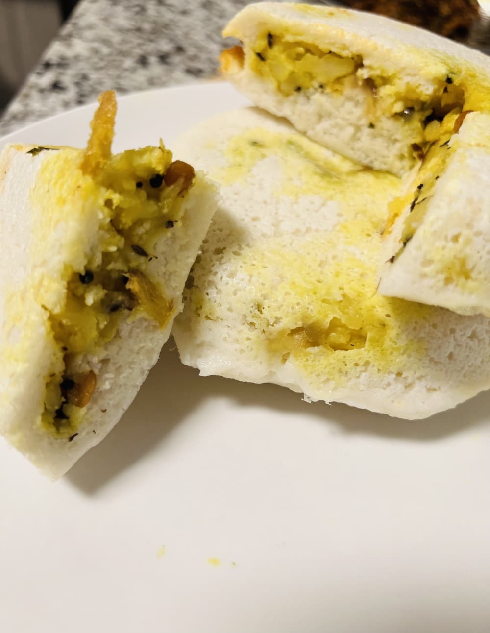 Stuffed rice sandwich cut into two.
