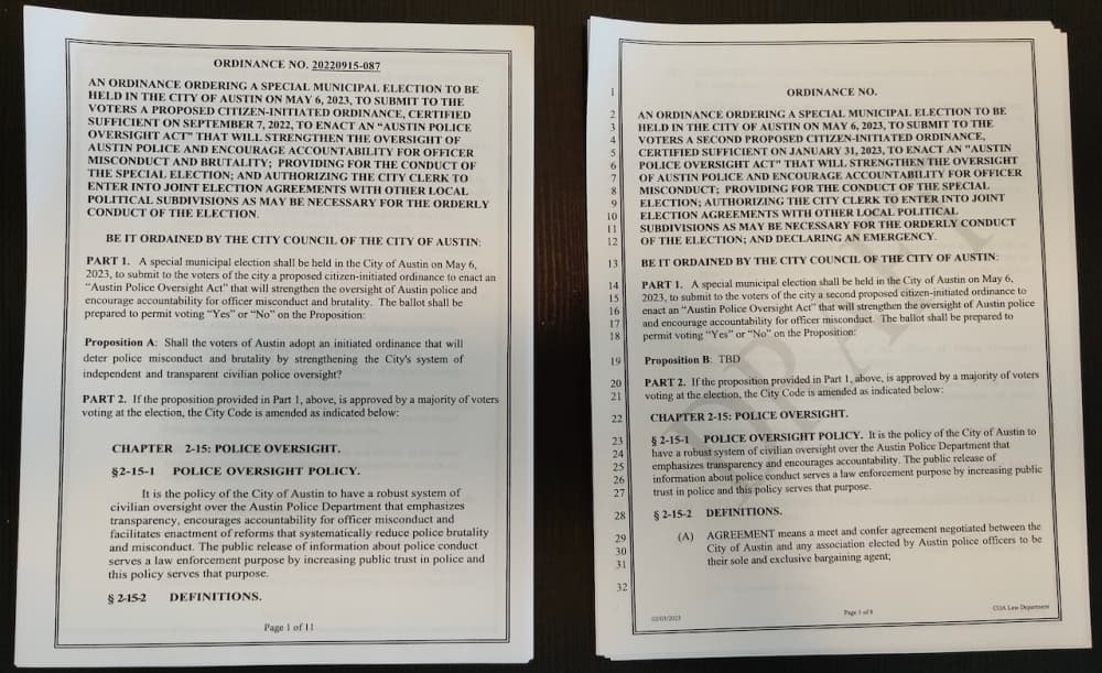 The approved Proposition A, left, will likely appear on Austinites' ballots this May alongside Proposition B. (Ben Thompson/Community Impact)