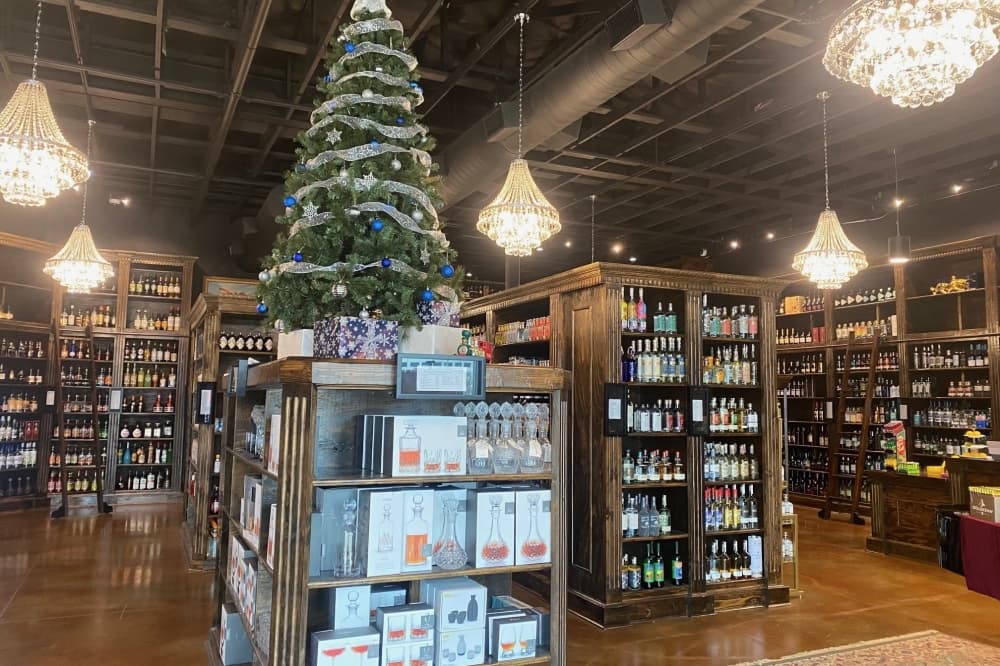 Liquor store with wooden shelves