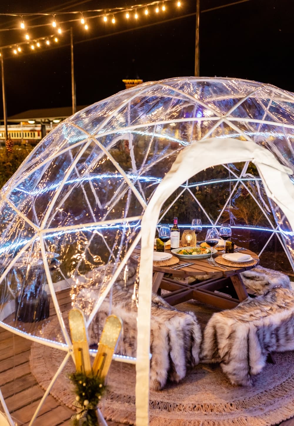 a snow globe structure with a table inside