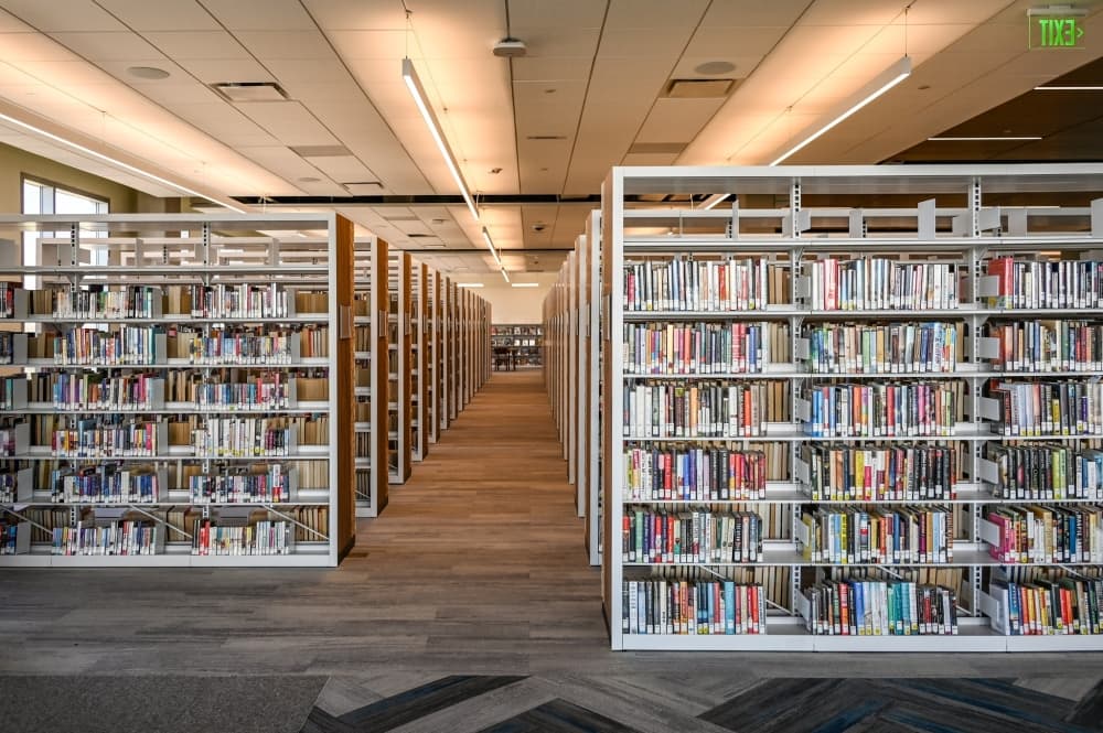 shelves of books in the library designated by age group