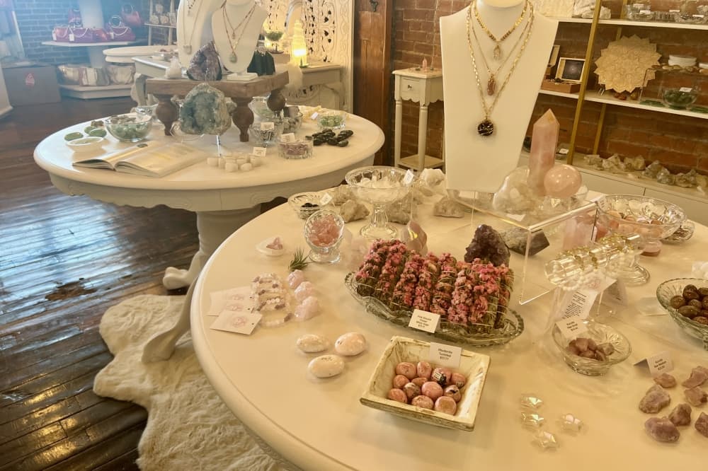 Table of crystals and jewelry at Moondoll Crystal Co.