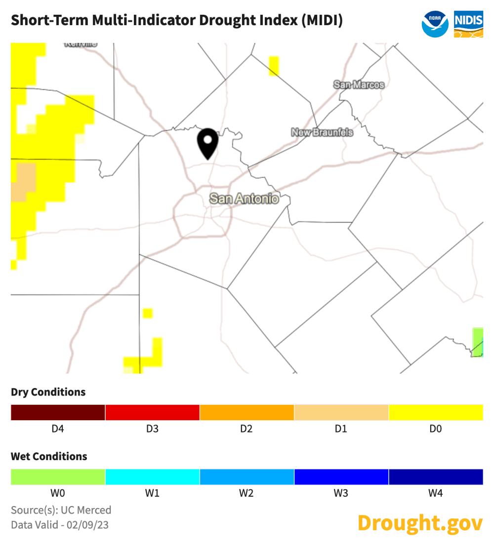 A map from the National Oceanic and Atmospheric Administration shows short-term drought conditions for the San Antonio area. (Courtesy U.S. Drought Monitor)