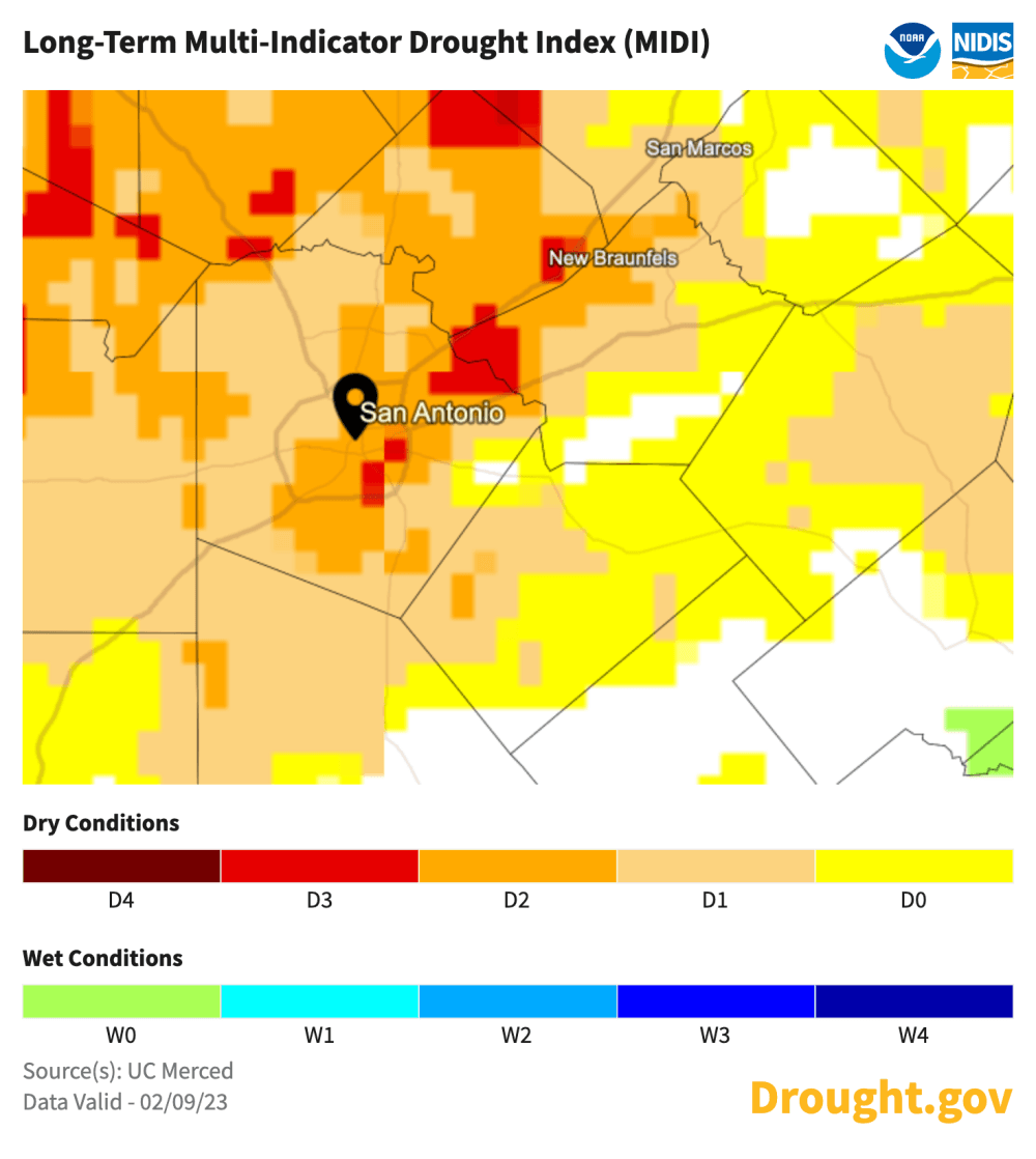 A map from the NOAA shows long-term drought conditions for the San Antonio area.  (Courtesy U.S. Drought Monitor)